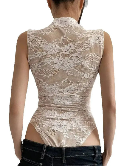 Elegant Lace Bodysuit for Women – Sheer Floral High Neck Bodysuit
