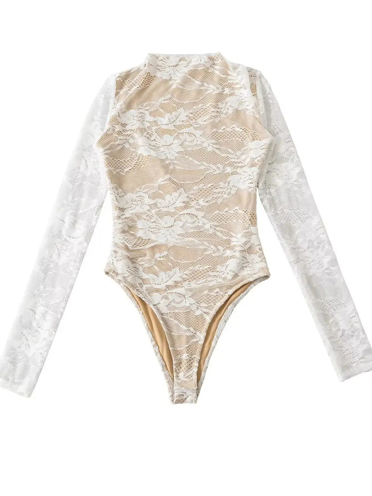 Elegant Lace Bodysuit for Women – Sheer Floral High Neck Bodysuit