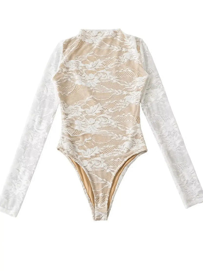 Elegant Lace Bodysuit for Women – Sheer Floral High Neck Bodysuit