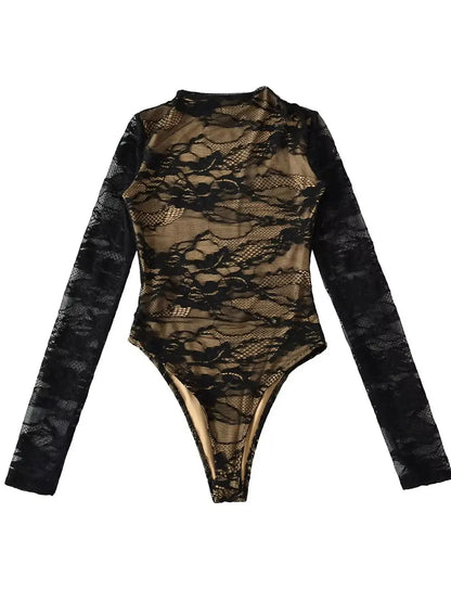 Elegant Lace Bodysuit for Women – Sheer Floral High Neck Bodysuit