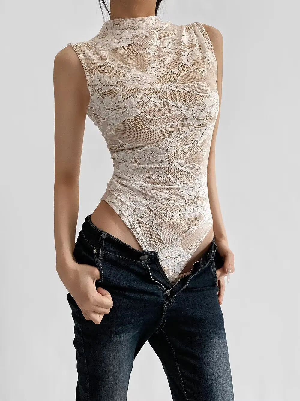 Elegant Lace Bodysuit for Women – Sheer Floral High Neck Bodysuit