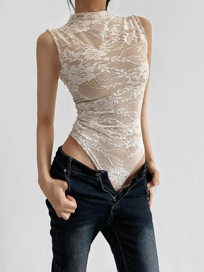 Elegant Lace Bodysuit for Women – Sheer Floral High Neck Bodysuit