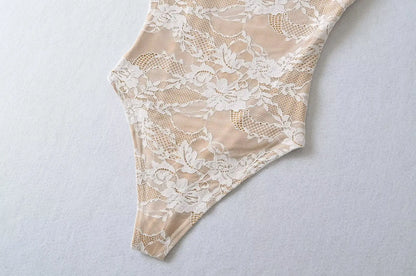 Elegant Lace Bodysuit for Women – Sheer Floral High Neck Bodysuit