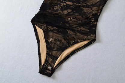 Elegant Lace Bodysuit for Women – Sheer Floral High Neck Bodysuit