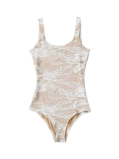 Elegant Lace Bodysuit for Women – Sheer Floral High Neck Bodysuit
