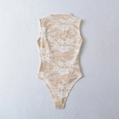 Elegant Lace Bodysuit for Women – Sheer Floral High Neck Bodysuit