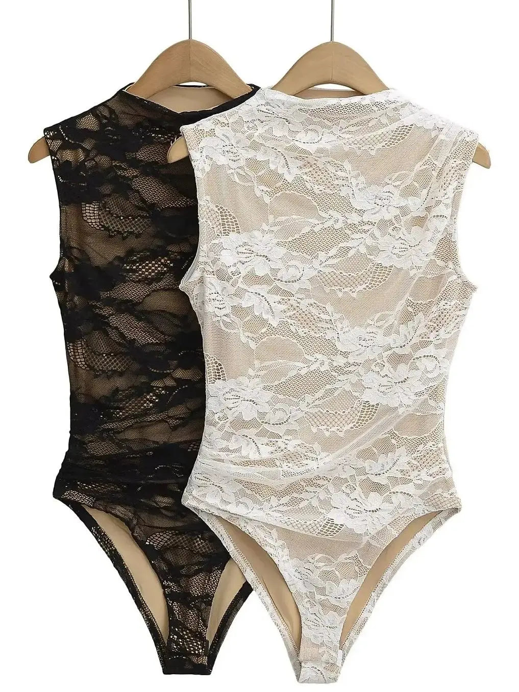 Elegant Lace Bodysuit for Women – Sheer Floral High Neck Bodysuit
