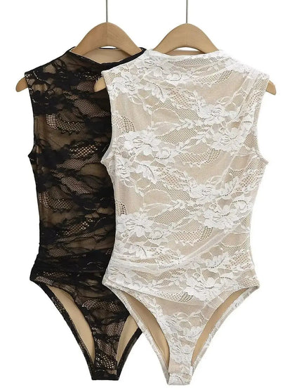 Elegant Lace Bodysuit for Women – Sheer Floral High Neck Bodysuit
