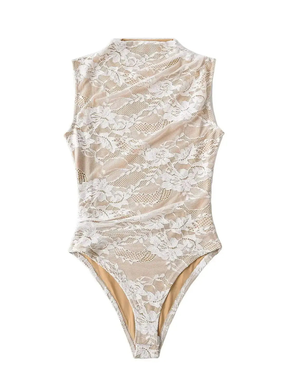Elegant Lace Bodysuit for Women – Sheer Floral High Neck Bodysuit