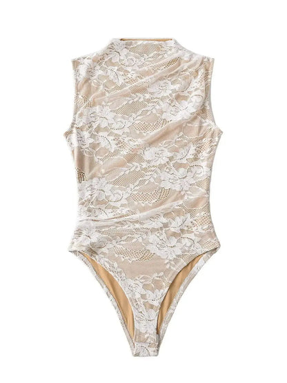 Elegant Lace Bodysuit for Women – Sheer Floral High Neck Bodysuit