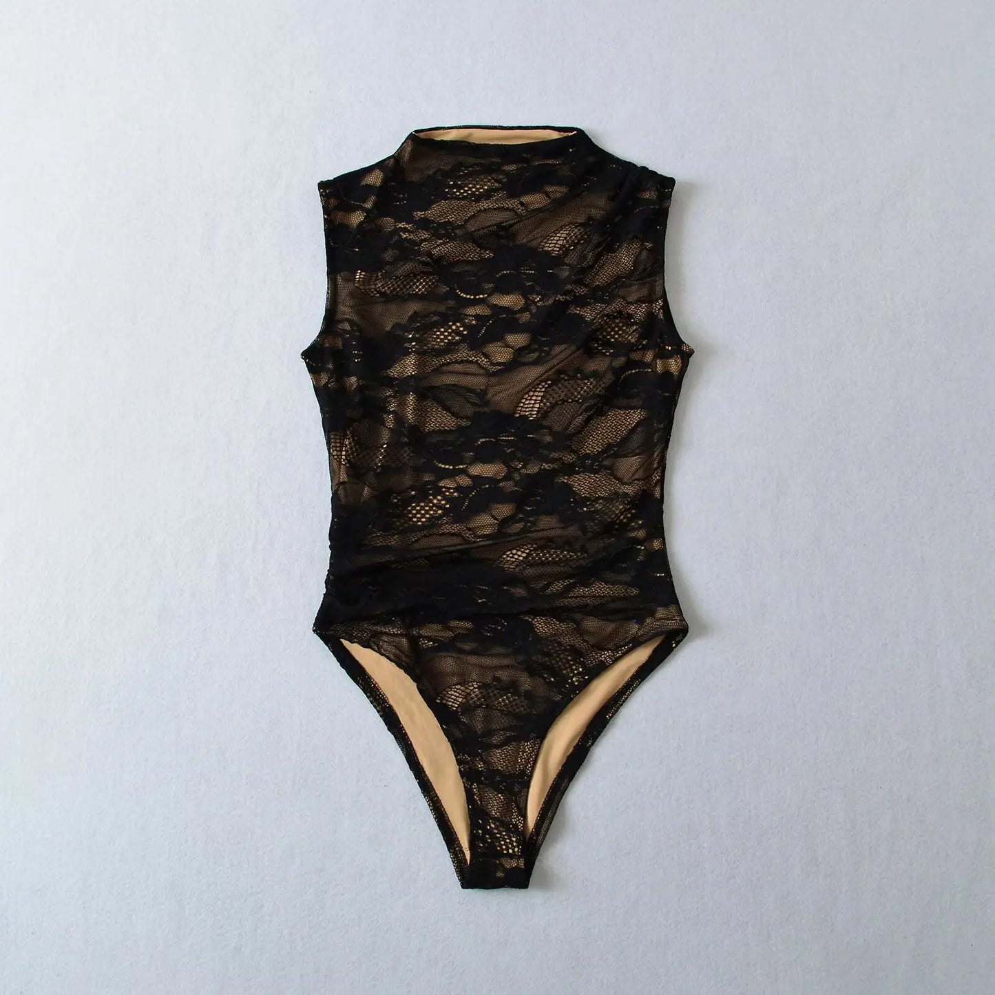 Elegant Lace Bodysuit for Women – Sheer Floral High Neck Bodysuit