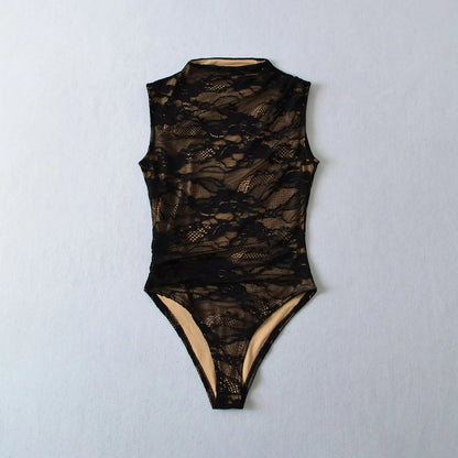 Elegant Lace Bodysuit for Women – Sheer Floral High Neck Bodysuit
