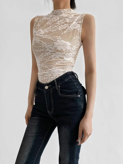 Elegant Lace Bodysuit for Women – Sheer Floral High Neck Bodysuit
