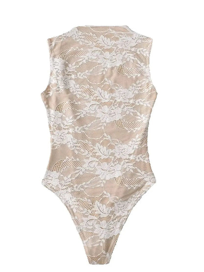 Elegant Lace Bodysuit for Women – Sheer Floral High Neck Bodysuit