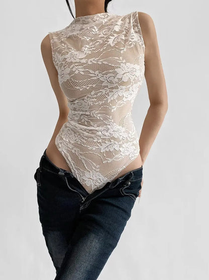 Elegant Lace Bodysuit for Women – Sheer Floral High Neck Bodysuit