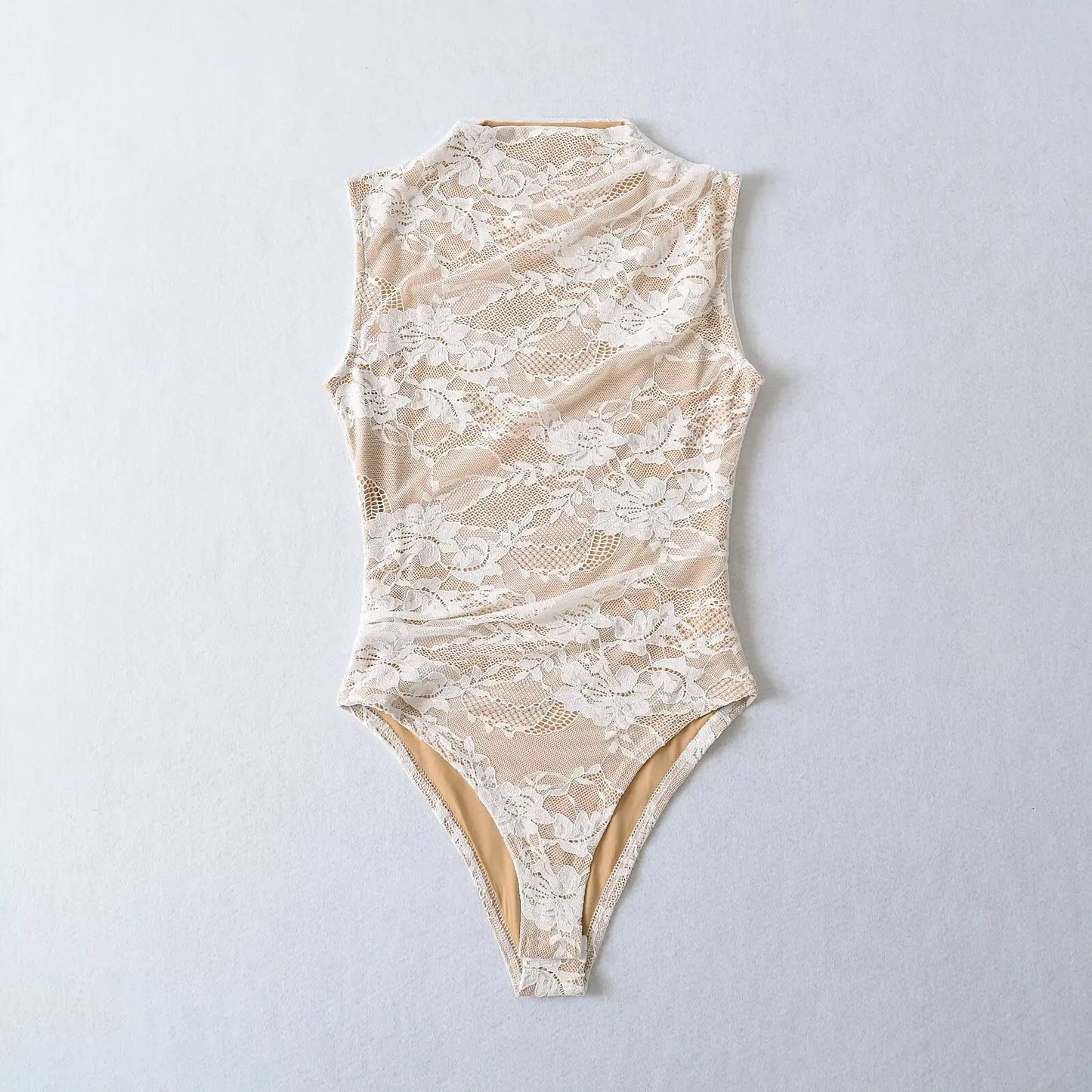 Elegant Lace Bodysuit for Women – Sheer Floral High Neck Bodysuit