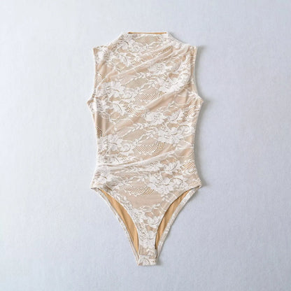 Elegant Lace Bodysuit for Women – Sheer Floral High Neck Bodysuit