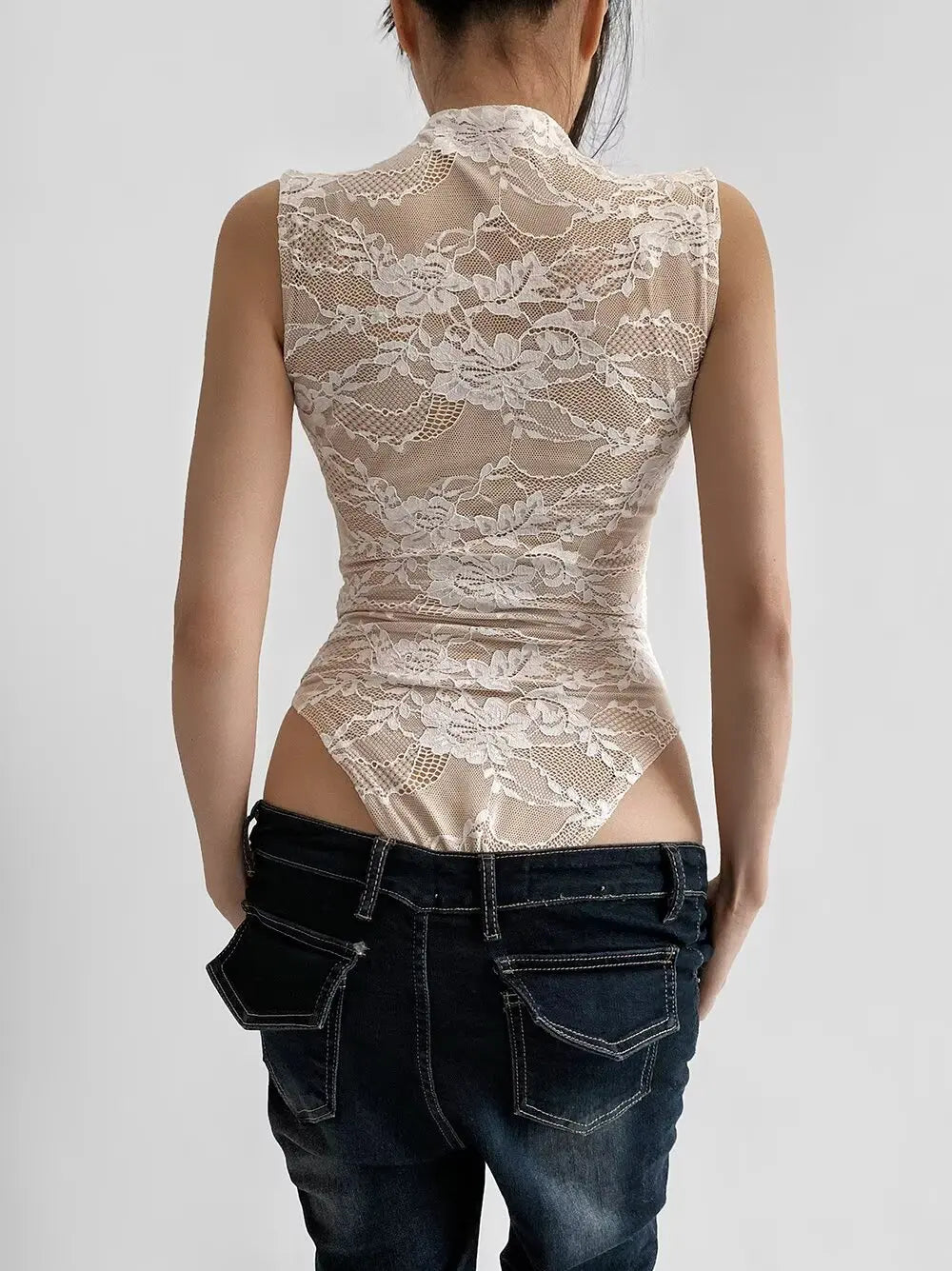 Elegant Lace Bodysuit for Women – Sheer Floral High Neck Bodysuit