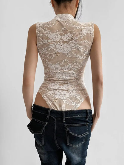 Elegant Lace Bodysuit for Women – Sheer Floral High Neck Bodysuit