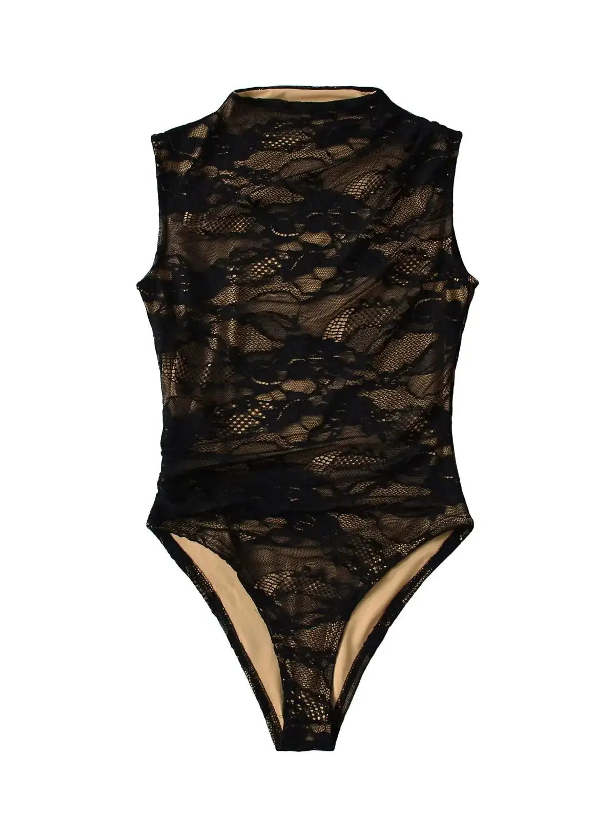 Elegant Lace Bodysuit for Women – Sheer Floral High Neck Bodysuit