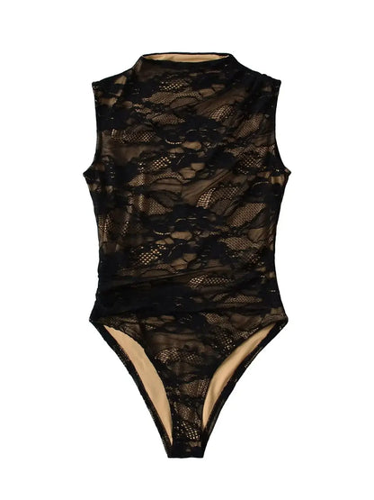 Elegant Lace Bodysuit for Women – Sheer Floral High Neck Bodysuit