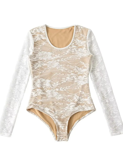 Elegant Lace Bodysuit for Women – Sheer Floral High Neck Bodysuit