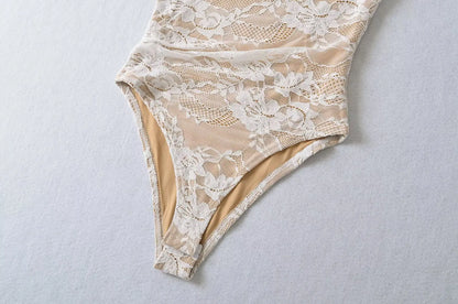 Elegant Lace Bodysuit for Women – Sheer Floral High Neck Bodysuit